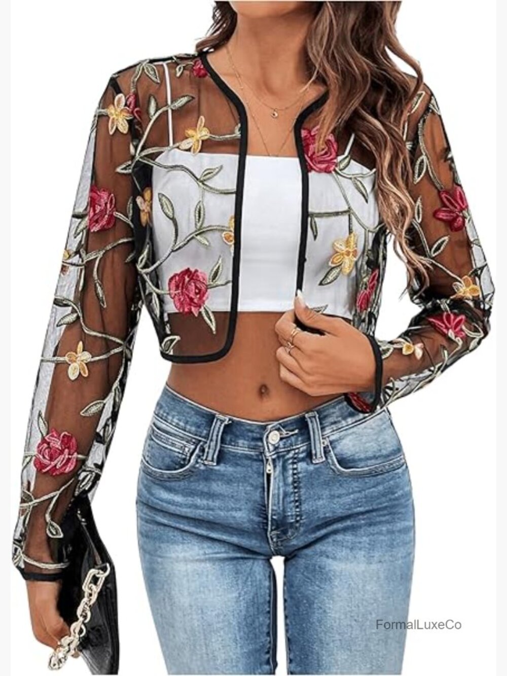 Floral Embroidered Open Front Crop Jacket Long Sleeve Mesh Sheer Cardigan